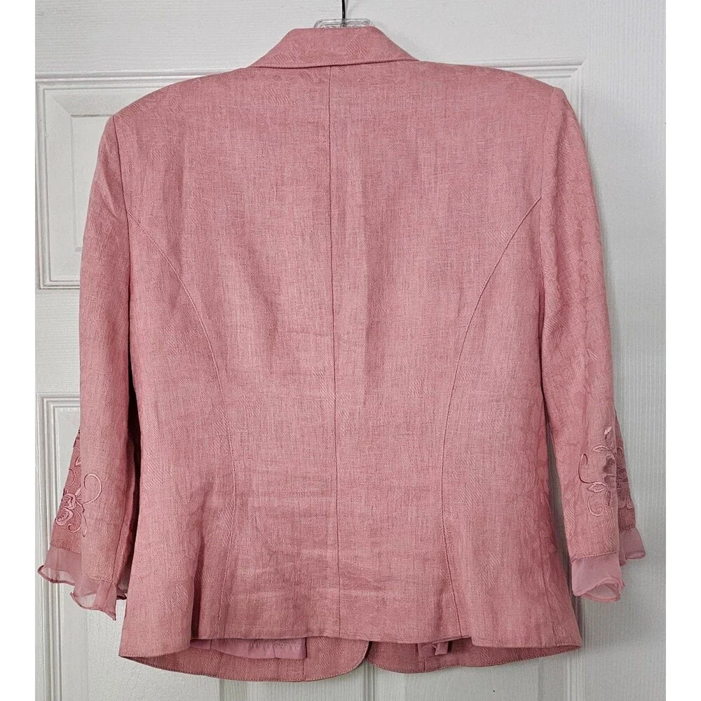Vntg Plaza South Pink Linen Blend Skirt Suit Set 8 Floral Embroidered Ruffle